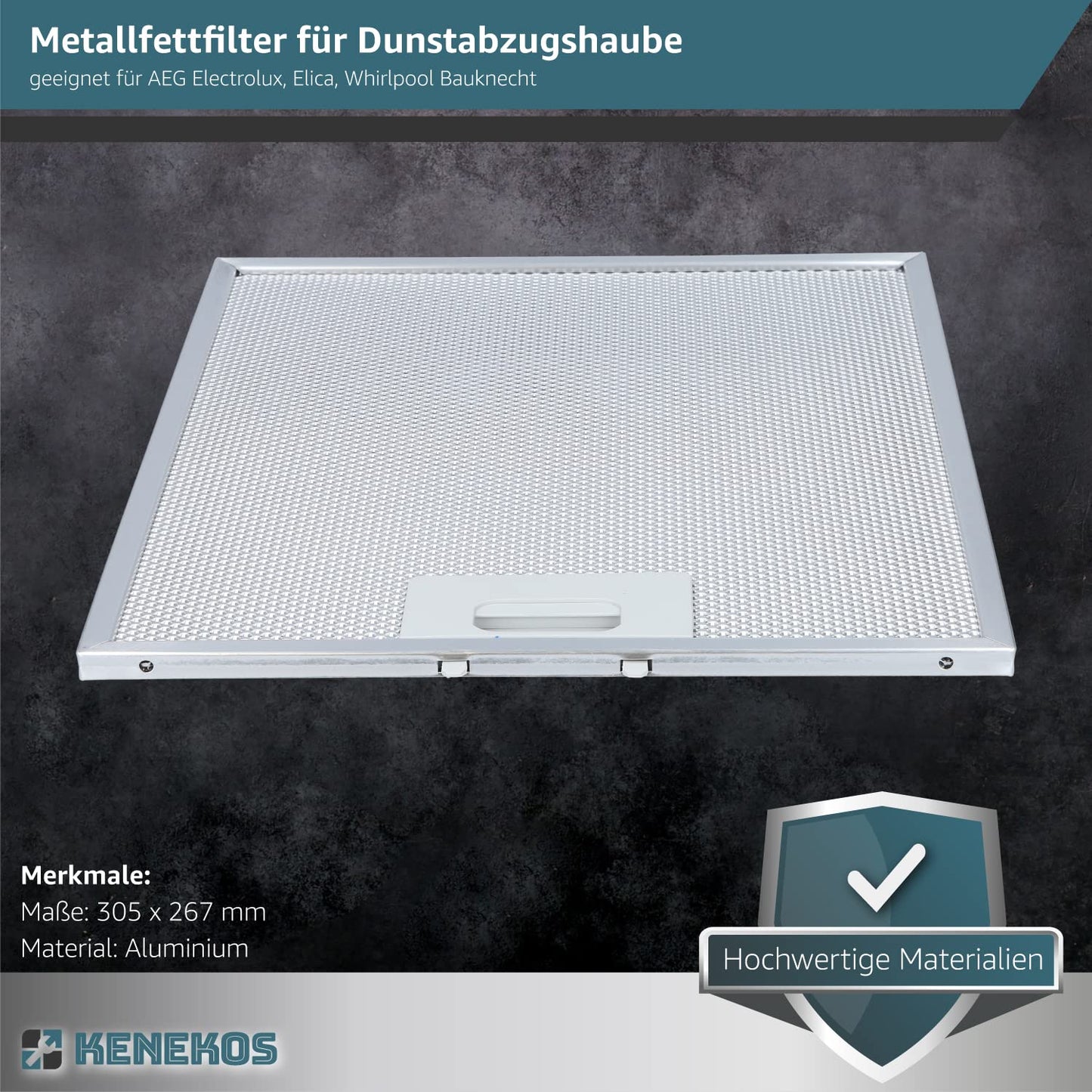 2x Metallfettfilter für Dunstabzugshaube 305 x 267 mm geeignet für AEG 405525042-9 4055250429, Elica 93952919 GRI0009219A, KIT0010805 Whirlpool C00314158 ARI314158