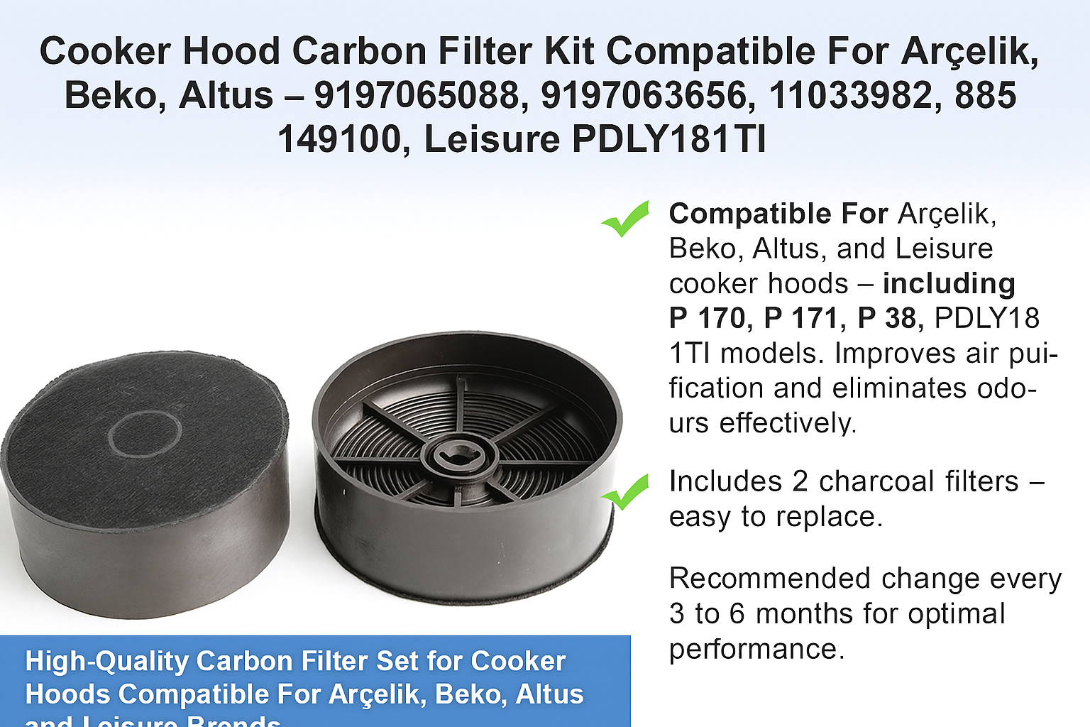 Cooker Hood Carbon Filter Kit Compatible For Arçelik, Beko, Altus – 9197065088, 9197063656, 11033982, 8851491100, Leisure PDLY181TI