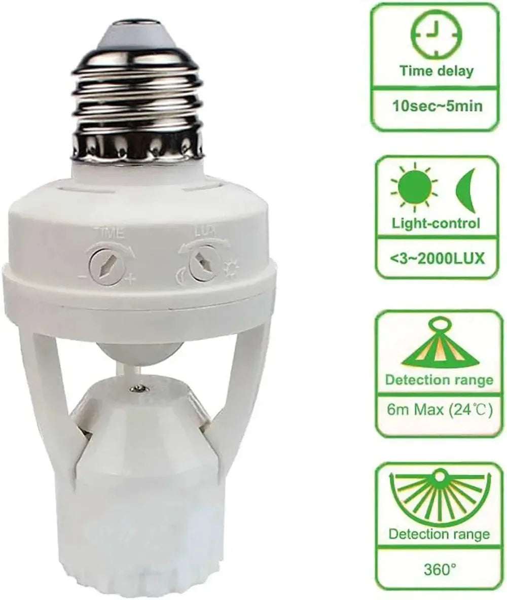 E27 Socket Converter with PIR Motion Sensor | 100-240V LED Lamp Base | Intelligent Light Bulb Holder | Auto On/Off | Max 60W