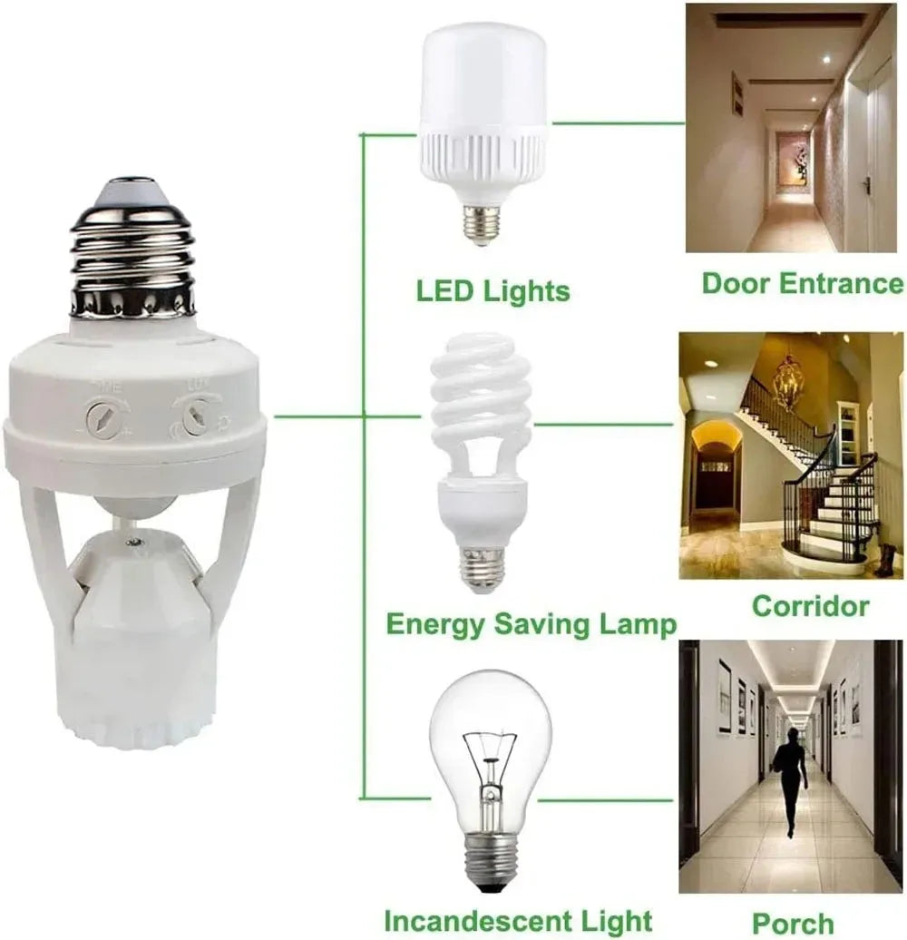 E27 Socket Converter with PIR Motion Sensor | 100-240V LED Lamp Base | Intelligent Light Bulb Holder | Auto On/Off | Max 60W