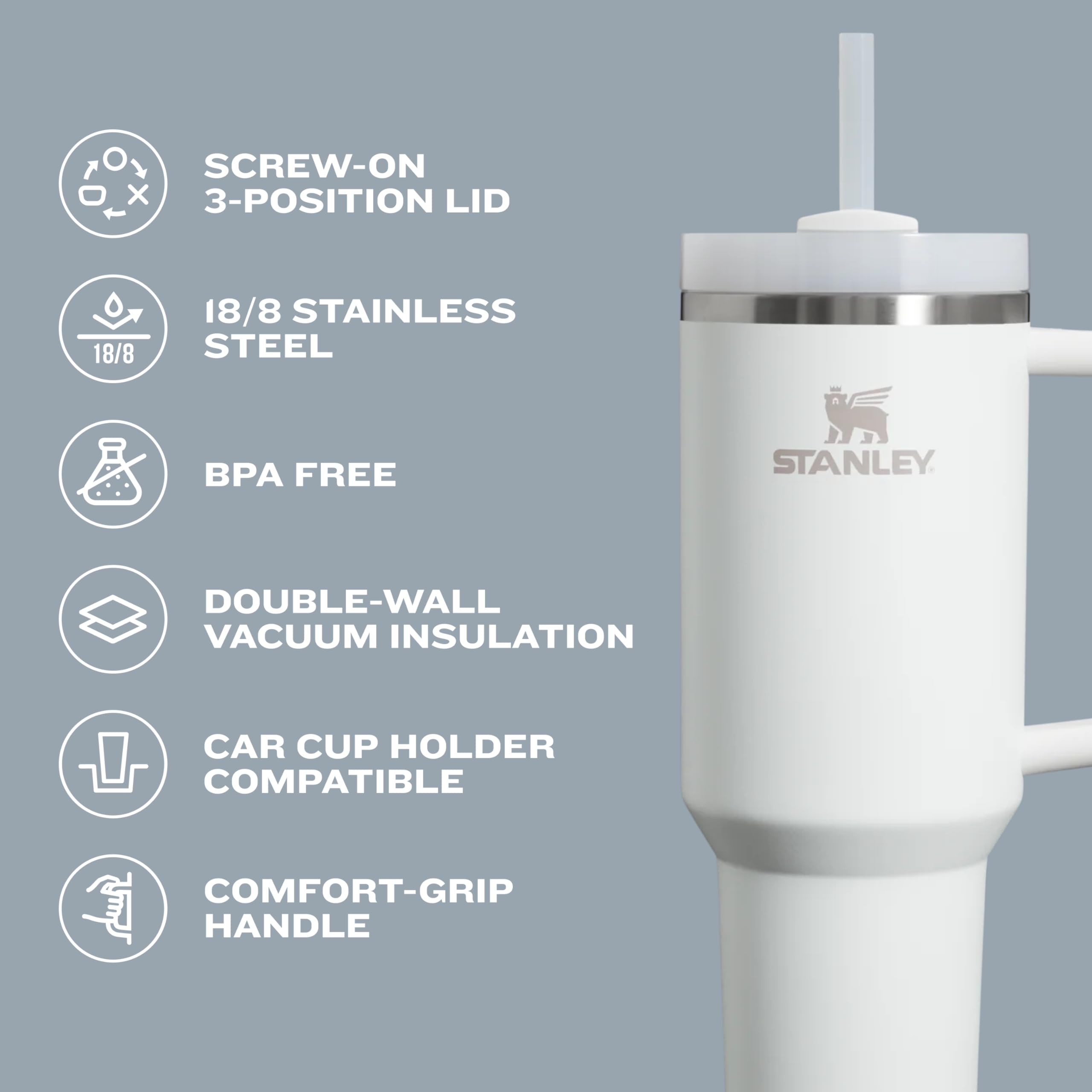 Stanley Quencher H2.0 FlowState Stainless Steel Tumbler with Lid & Straw, Vacuum Insulated for Water, Iced Tea, Coffee & Smoothies, Rose Quartz 2.0 - 30 OZ / 0.89 L