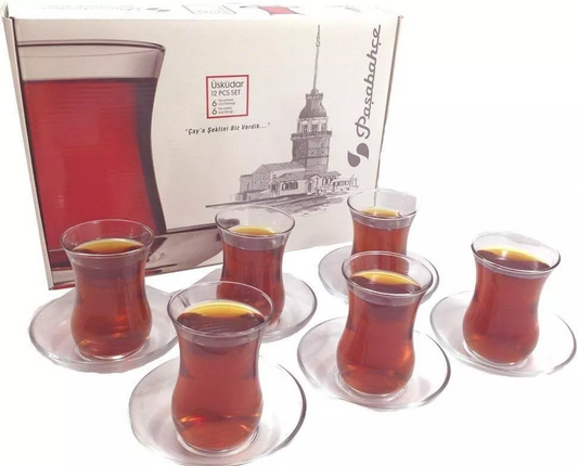 Paşabahçe Turkish Tea Glasses and Saucers Set (12 Pieces), Arabic Persian Tea Cups (4oz/120ml)