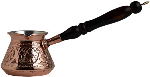 DEMMEX 2mm Thickest Copper Turkish Greek Arabic Coffee Pot Engraved  Stovetop Coffee Maker Cezve Ibrik Briki with Wooden Handle & Spoon, for 3  People