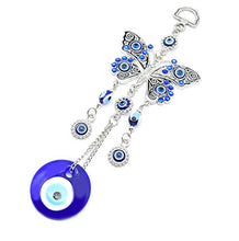 Load image into Gallery viewer, Turkish Blue Evil Eye (Nazar) Butterfly Amulet with Blue Rhinestone Car Charm Rear View Mirror
