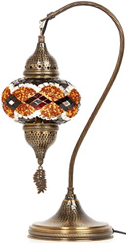 Lampada da tavolo, scrivania, comodino, collo di cigno, paralume, stile Tiffany turco marocchino, fatto a mano, con mosaico colorato, con corpo in metallo martellato e foglia in metallo appesa, turchese, 19" 