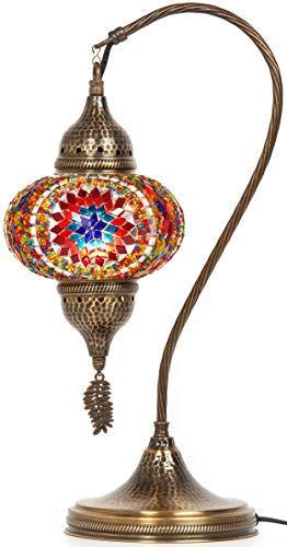 Lampada da tavolo, scrivania, comodino, collo di cigno, paralume, stile Tiffany turco marocchino, fatto a mano, con mosaico colorato, con corpo in metallo martellato e foglia in metallo appesa, turchese, 19" 