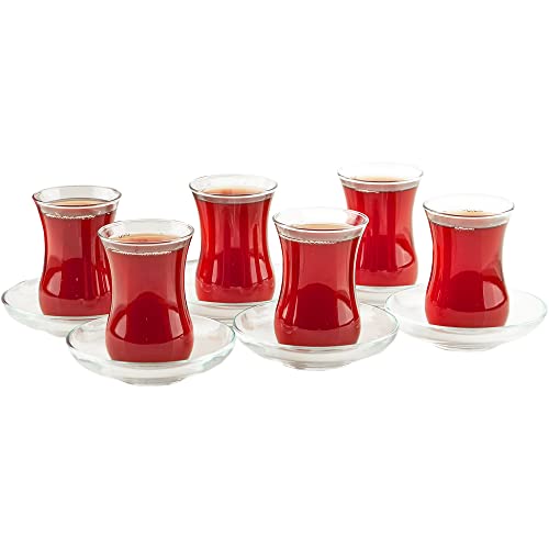 Paşabahçe Turkish Tea Glasses and Saucers Set (12 Pieces), Arabic Persian Tea Cups (4oz/120ml)