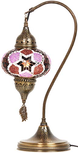 Lampada da tavolo, scrivania, comodino, collo di cigno, paralume, stile Tiffany turco marocchino, fatto a mano, con mosaico colorato, con corpo in metallo martellato e foglia in metallo appesa, turchese, 19" 