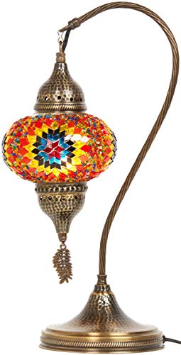 Lampada da tavolo, scrivania, comodino, collo di cigno, paralume, stile Tiffany turco marocchino, fatto a mano, con mosaico colorato, con corpo in metallo martellato e foglia in metallo appesa, turchese, 19" 