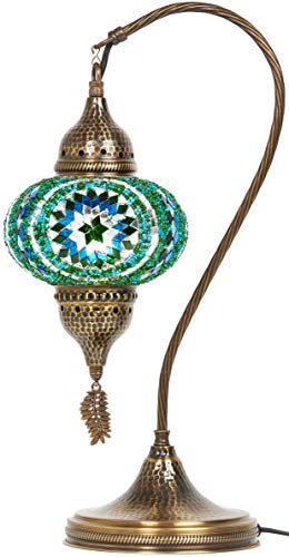 Lampada da tavolo, scrivania, comodino, collo di cigno, paralume, stile Tiffany turco marocchino, fatto a mano, con mosaico colorato, con corpo in metallo martellato e foglia in metallo appesa, turchese, 19" 