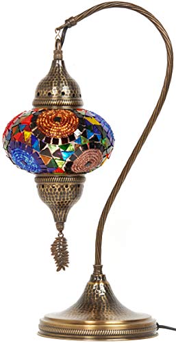 Lampada da tavolo, scrivania, comodino, collo di cigno, paralume, stile Tiffany turco marocchino, fatto a mano, con mosaico colorato, con corpo in metallo martellato e foglia in metallo appesa, turchese, 19" 