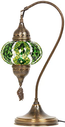 Lampada da tavolo, scrivania, comodino, collo di cigno, paralume, stile Tiffany turco marocchino, fatto a mano, con mosaico colorato, con corpo in metallo martellato e foglia in metallo appesa, turchese, 19" 