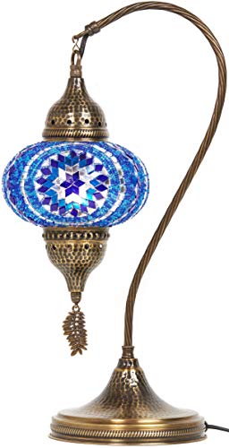 Lampada da tavolo, scrivania, comodino, collo di cigno, paralume, stile Tiffany turco marocchino, fatto a mano, con mosaico colorato, con corpo in metallo martellato e foglia in metallo appesa, turchese, 19" 