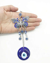 Load image into Gallery viewer, Turkish Blue Evil Eye (Nazar) Butterfly Amulet with Blue Rhinestone Car Charm Rear View Mirror
