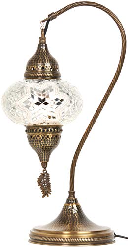 Lampada da tavolo, scrivania, comodino, collo di cigno, paralume, stile Tiffany turco marocchino, fatto a mano, con mosaico colorato, con corpo in metallo martellato e foglia in metallo appesa, turchese, 19" 