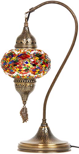 Turkish Moroccan Tiffany Style Handmade Colorful Mosaic Table Desk Bedside Night Swan Neck Lamp Light Lampshade with Hammered Metal Body and Hanging Metal Leaf, Turquoise, 19"