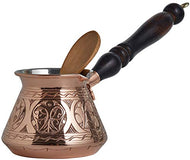 9 Oz Thick 2mm Copper Turkish Greek Arabic Engraved Coffee Pot Stovetop Coffee Maker Cezve Ibrik Briki with Wooden Handle & Wooden Pot Spoon, for 3 People (Copper)