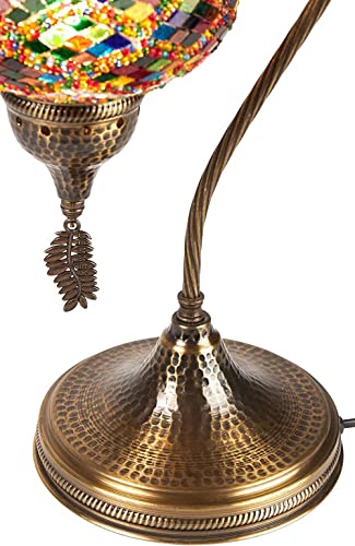 Lampada da tavolo, scrivania, comodino, collo di cigno, paralume, stile Tiffany turco marocchino, fatto a mano, con mosaico colorato, con corpo in metallo martellato e foglia in metallo appesa, turchese, 19" 