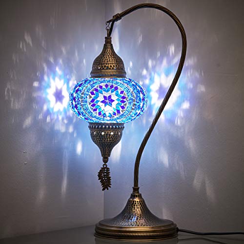 Turkish Moroccan Tiffany Style Handmade Colorful Mosaic Table Desk Bedside Night Swan Neck Lamp Light Lampshade with Hammered Metal Body and Hanging Metal Leaf, Turquoise, 19"