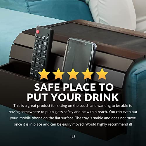 Sofa Tray Table with EVA Base. Remote Control and Cellphone Organizer Holder, Arm Rest Organizer, Arm Rest Table with Pockets. Fits Over Square Chair arms. (Dark Brown/Tobacco