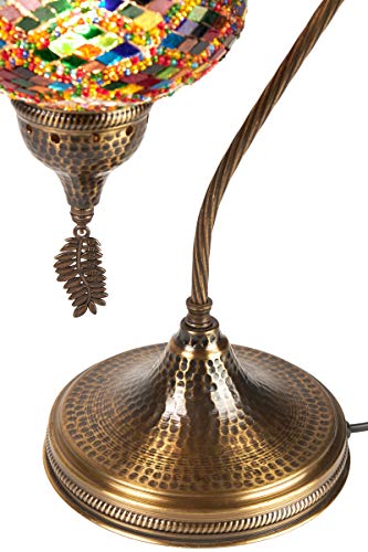 Lampada da tavolo, scrivania, comodino, collo di cigno, paralume, stile Tiffany turco marocchino, fatto a mano, con mosaico colorato, con corpo in metallo martellato e foglia in metallo appesa, turchese, 19" 