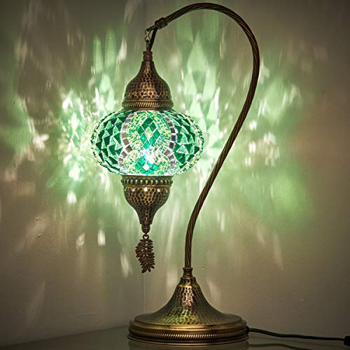 Lampada da tavolo, scrivania, comodino, collo di cigno, paralume, stile Tiffany turco marocchino, fatto a mano, con mosaico colorato, con corpo in metallo martellato e foglia in metallo appesa, turchese, 19" 