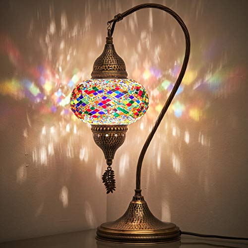 Turkish Moroccan Tiffany Style Handmade Colorful Mosaic Table Desk Bedside Night Swan Neck Lamp Light Lampshade with Hammered Metal Body and Hanging Metal Leaf, Turquoise, 19"