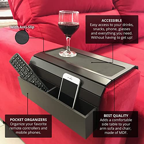 Sofa Tray Table with EVA Base. Remote Control and Cellphone Organizer Holder, Arm Rest Organizer, Arm Rest Table with Pockets. Fits Over Square Chair arms. (Dark Brown/Tobacco