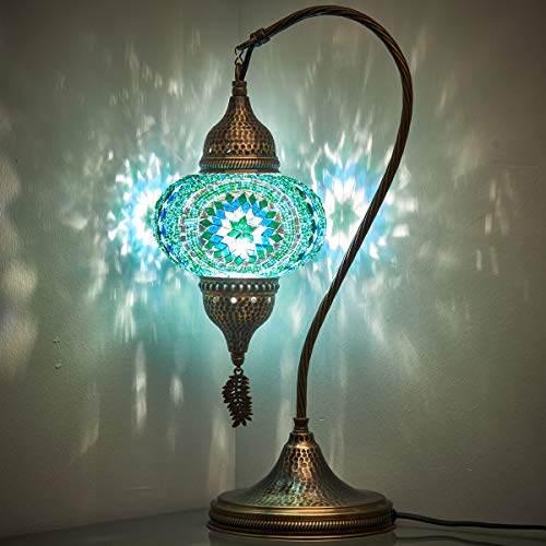 Turkish Moroccan Tiffany Style Handmade Colorful Mosaic Table Desk Bedside Night Swan Neck Lamp Light Lampshade with Hammered Metal Body and Hanging Metal Leaf, Turquoise, 19