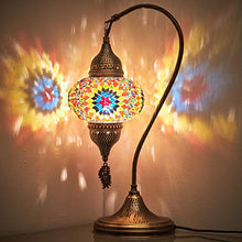 Load image into Gallery viewer, Turkish Moroccan Tiffany Style Handmade Colorful Mosaic Table Desk Bedside Night Swan Neck Lamp Light Lampshade with Hammered Metal Body and Hanging Metal Leaf, Turquoise, 19&quot;

