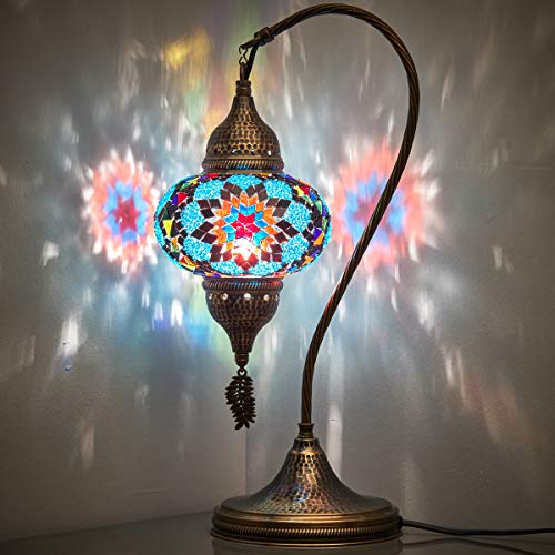 Turkish Moroccan Tiffany Style Handmade Colorful Mosaic Table Desk Bedside Night Swan Neck Lamp Light Lampshade with Hammered Metal Body and Hanging Metal Leaf, Turquoise, 19"