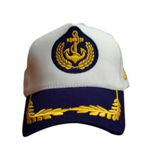 Load image into Gallery viewer, All-Season Unisex Sailor&#39;s Cap – Adjustable Navy Blue &amp; White Captain&#39;s Hat with Timeless Rudder &amp; Anchor Design, Breathable Cotton Fabric – Gender-Neutral Nautical Fashion for Sailing &amp; Sports
