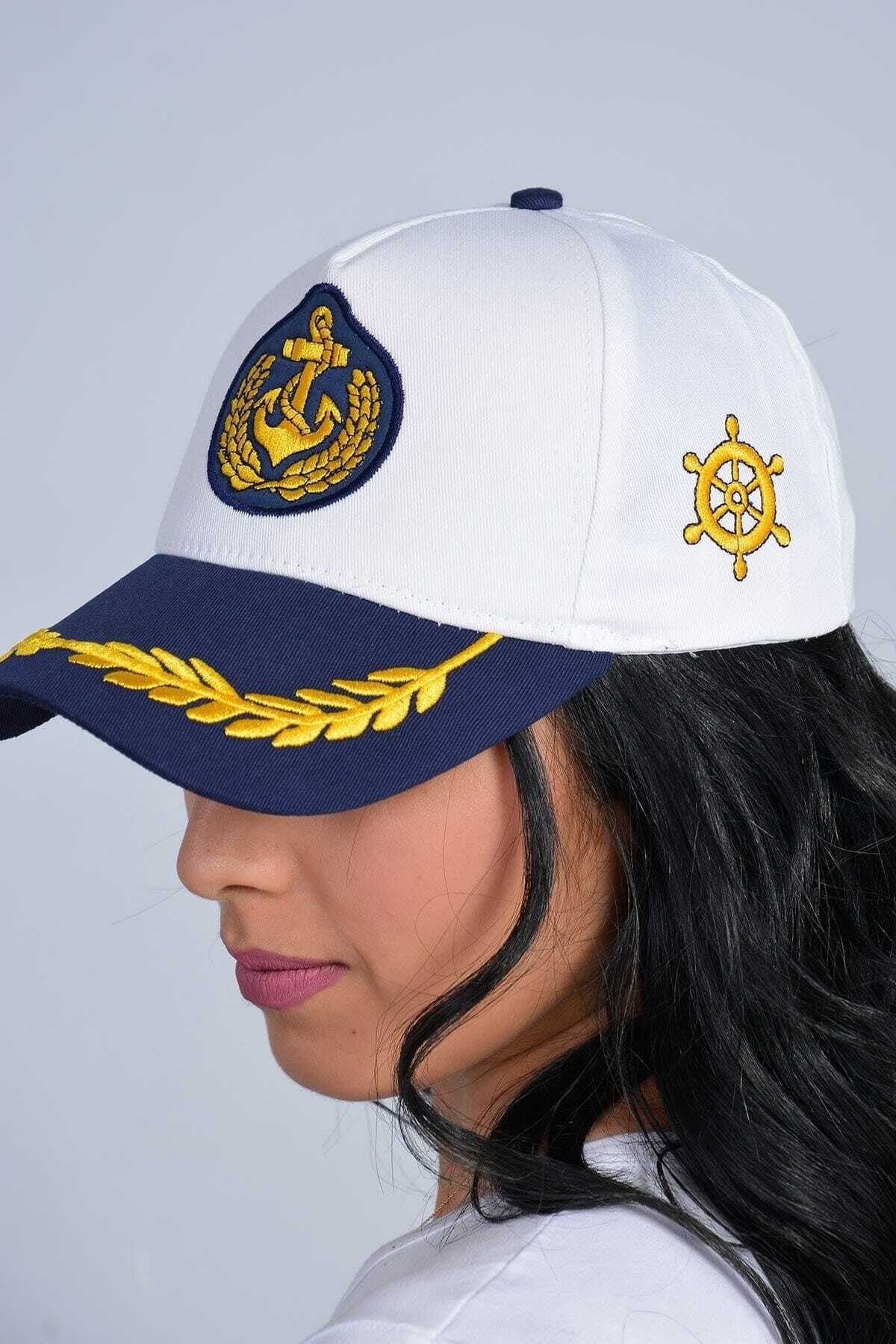 Sailor Cap Unisex White Navy Blue Adjustable Sailor Captain Hat with Rudder Anchor Fedora Cap