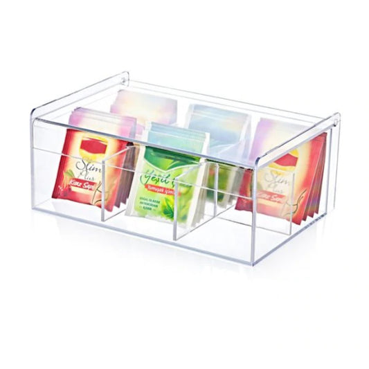 Deluxe Acrylic Tea Box Organizer: A Multifunctional Storage Solution with Six Compartments for Tea Bags, Coffee, Teacup, Infuser, and Lid - Perfect for Home and Kitchen Use