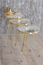 Load image into Gallery viewer, Coffee Table Nesting Table Gold Bendir Wire Home Decor Triple Set Marble Pattern
