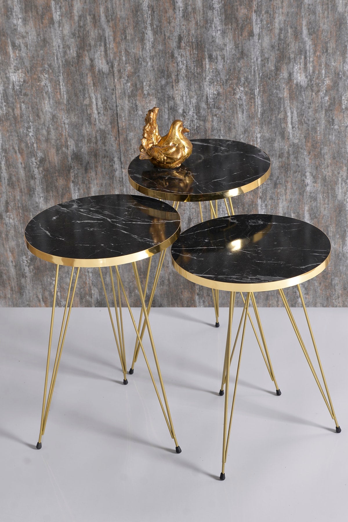 Couchtisch Satztisch Gold Bendir Draht Home Decor Triple Set Marmor Muster 