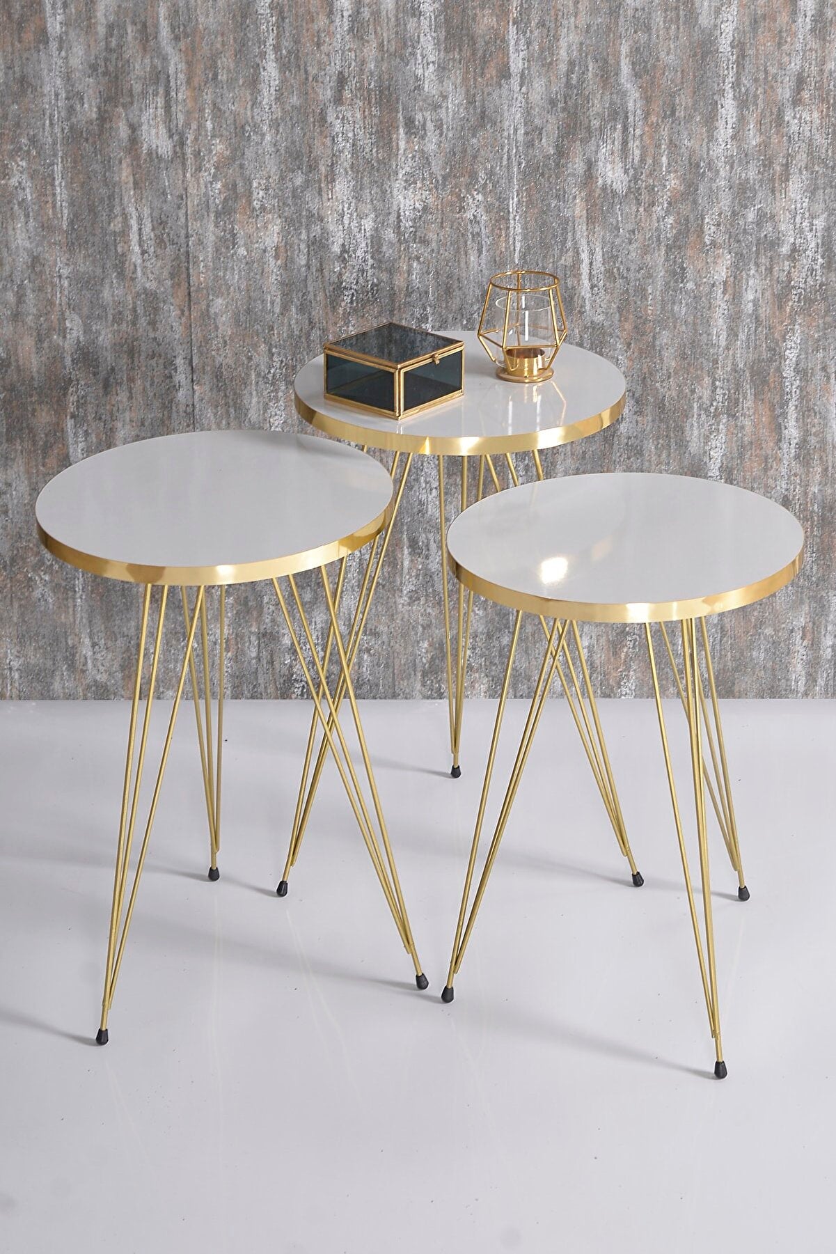 Couchtisch Satztisch Gold Bendir Draht Home Decor Triple Set Marmor Muster 